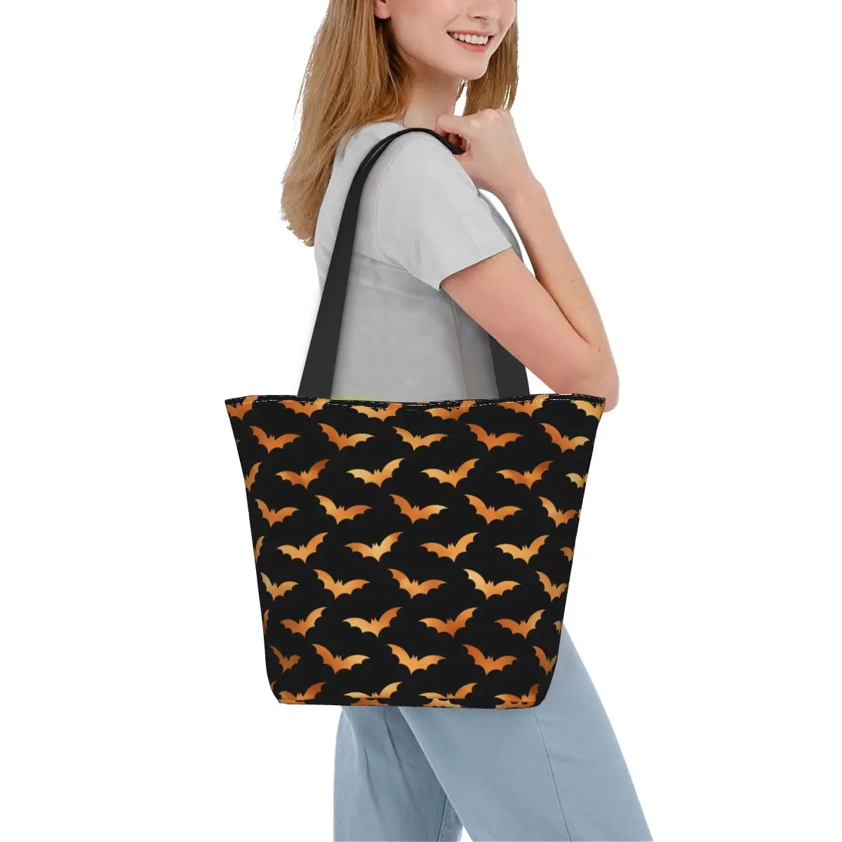 

Halloween Spooky Shopper Bag Orange Bat Print Leisure Handbags Cloth Beach Tote Bag Ladies Designer Beach Bag