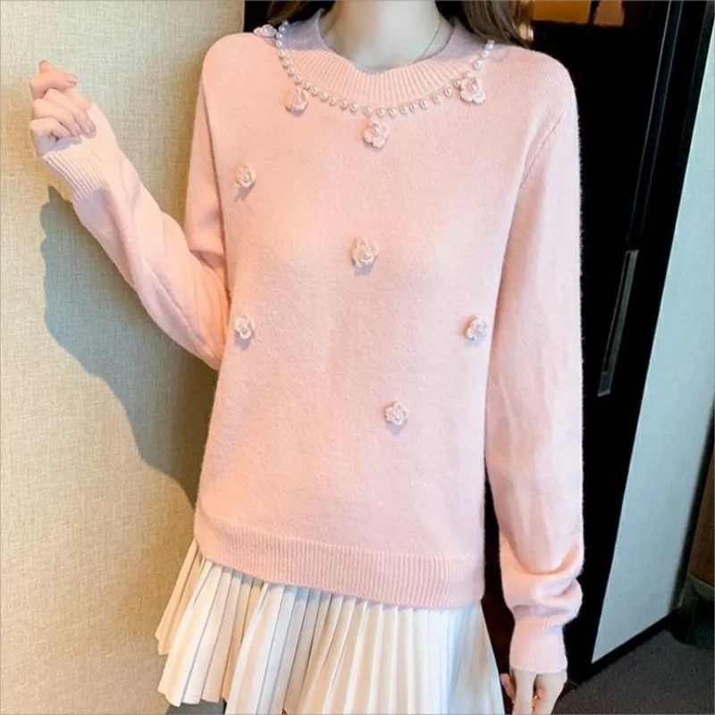 Осенние вязаные пуловеры с бусинами и цветами свитер Женский винтажный