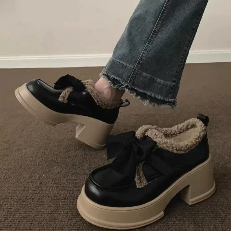 

Winter Women's Short Plush Mary Jane Shoes Lolita Butterfly Knot Chunky Heel Platform Shoes for Women Dress Student Heeled Shoes