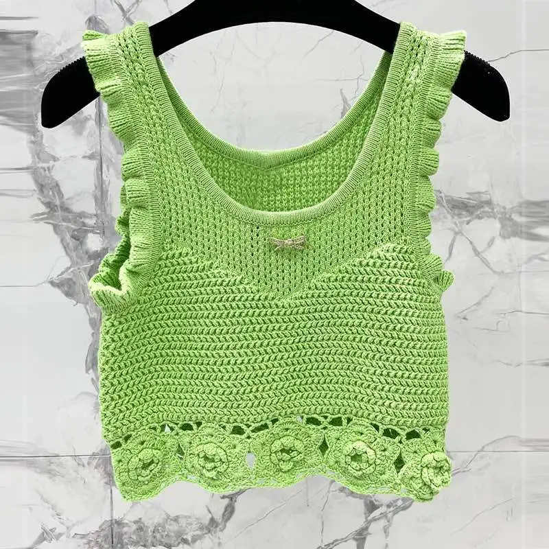 

23Fashion New Cashmere Knitted Vest Runway Simple Square Neck Lace Design Crochet Short Tank Tops Sexy Chic Women Clothes 2Color