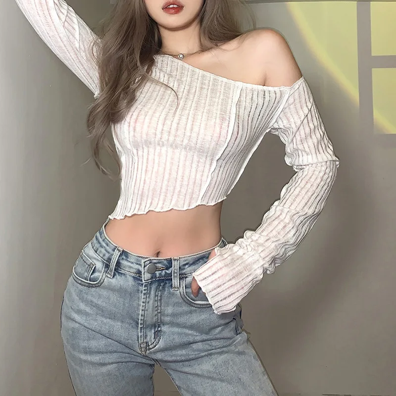 

European and American style new summer women's clothes slim fit exposed navel fashion irregular diagonal shoulder long sleeve T-