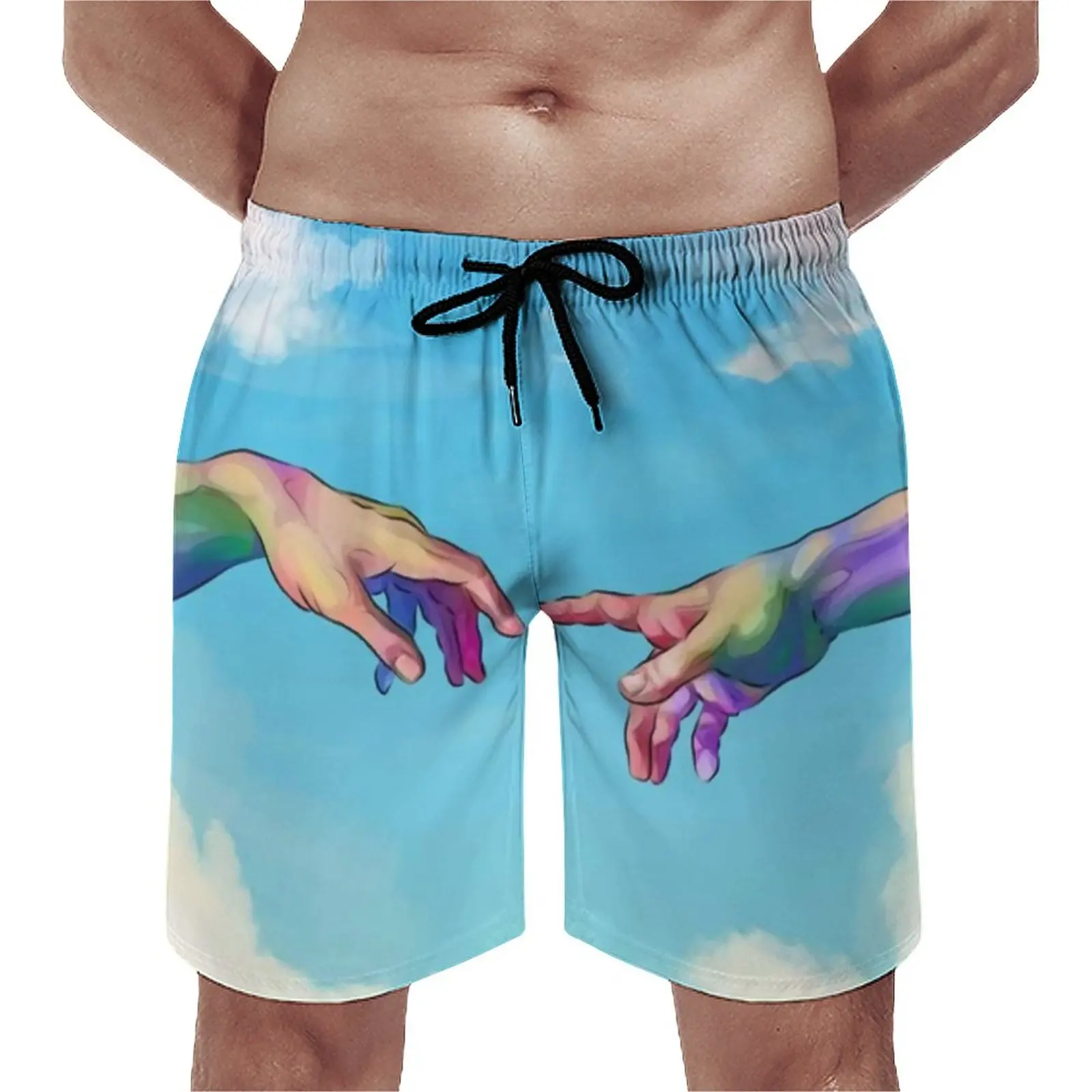 

Michelangelo Hands The Creation of Adam Board Shorts Painting Beach Shorts Elastic Waist Funny Design Swim Trunks Plus Size