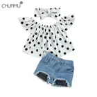 Детские летние комплекты одежды для девочек топ в горошек на одно плечо для маленьких девочек + шорты в клетку + головной убор, спортивный костюм Детский костюм