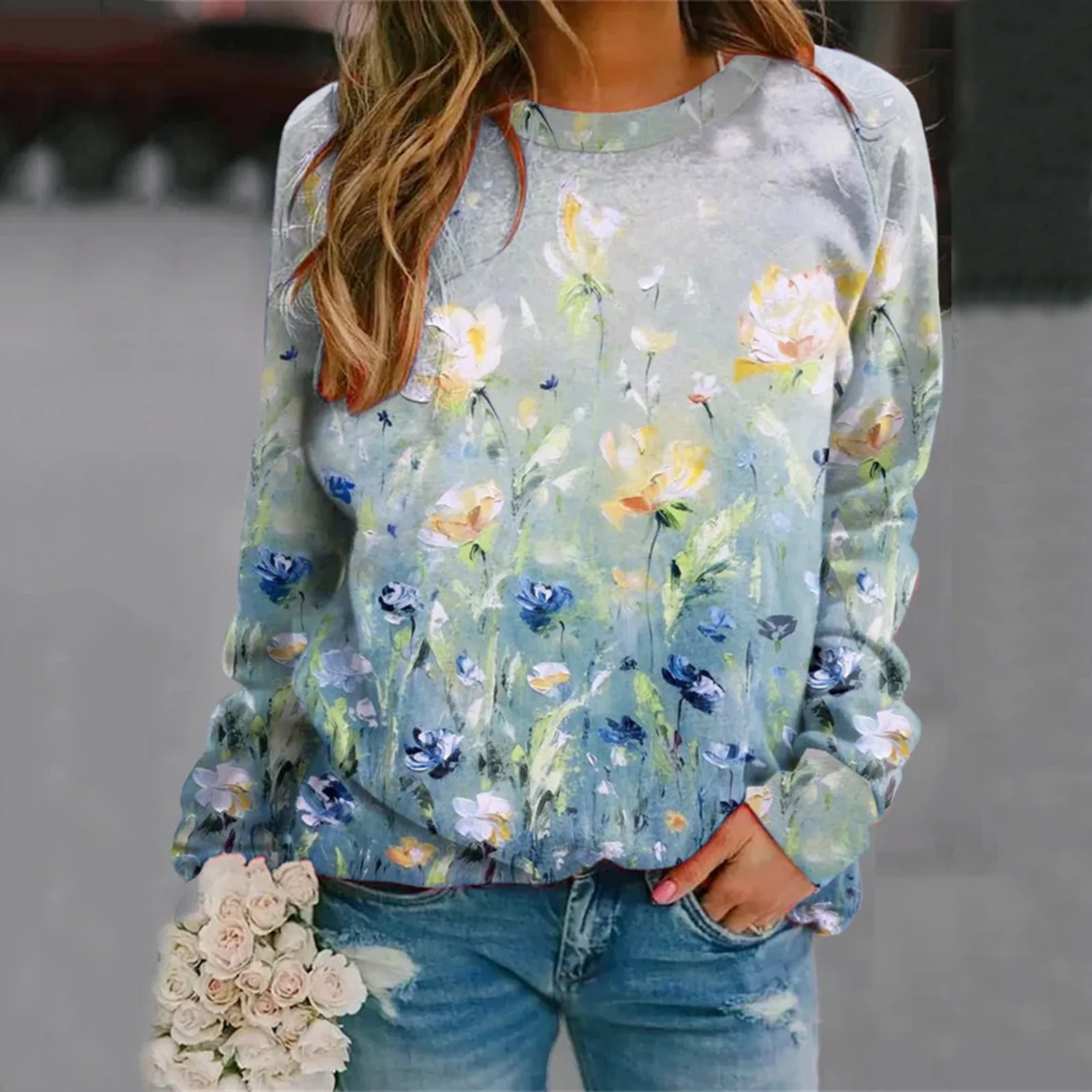 

Women Casual Floral Print Blouses Round Neck Long Sleeve Sweatshirt Loose Sweat Shirts Women Set Sweat Shirts Women with Zipper