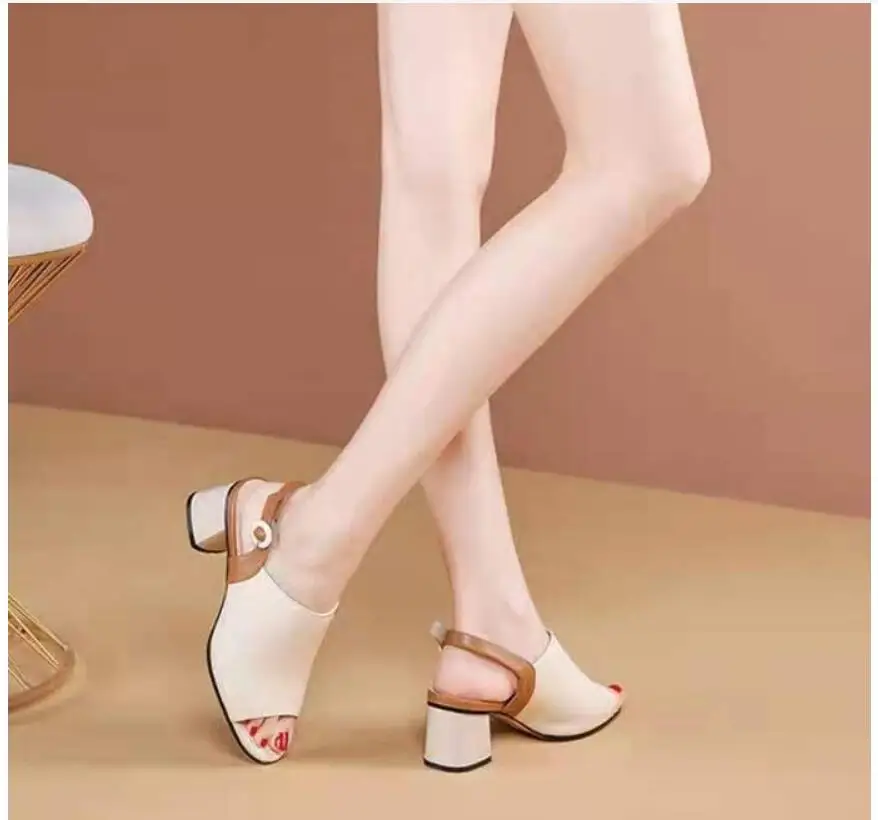 Women Shoes Genuine Leather High Heels Open Toe Back Strap Black Write Office Ladies Fashion Plus Size Summer Party Shoes
