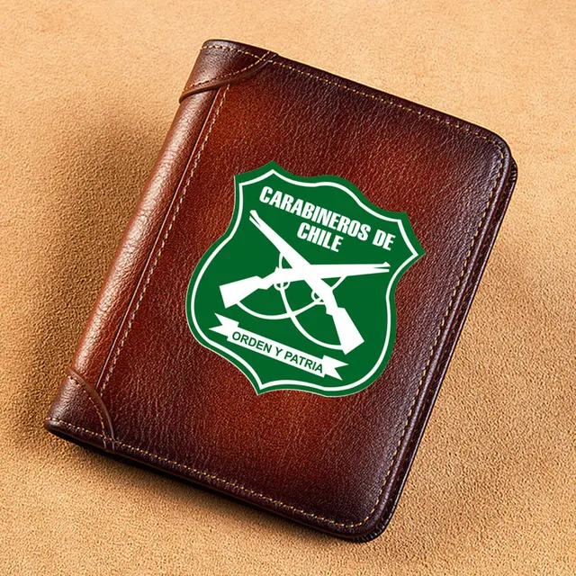 High Quality Genuine Leather Carabineros De Chile Badge Printing Card Holder Short Purse Luxury Brand Male Wallet 1