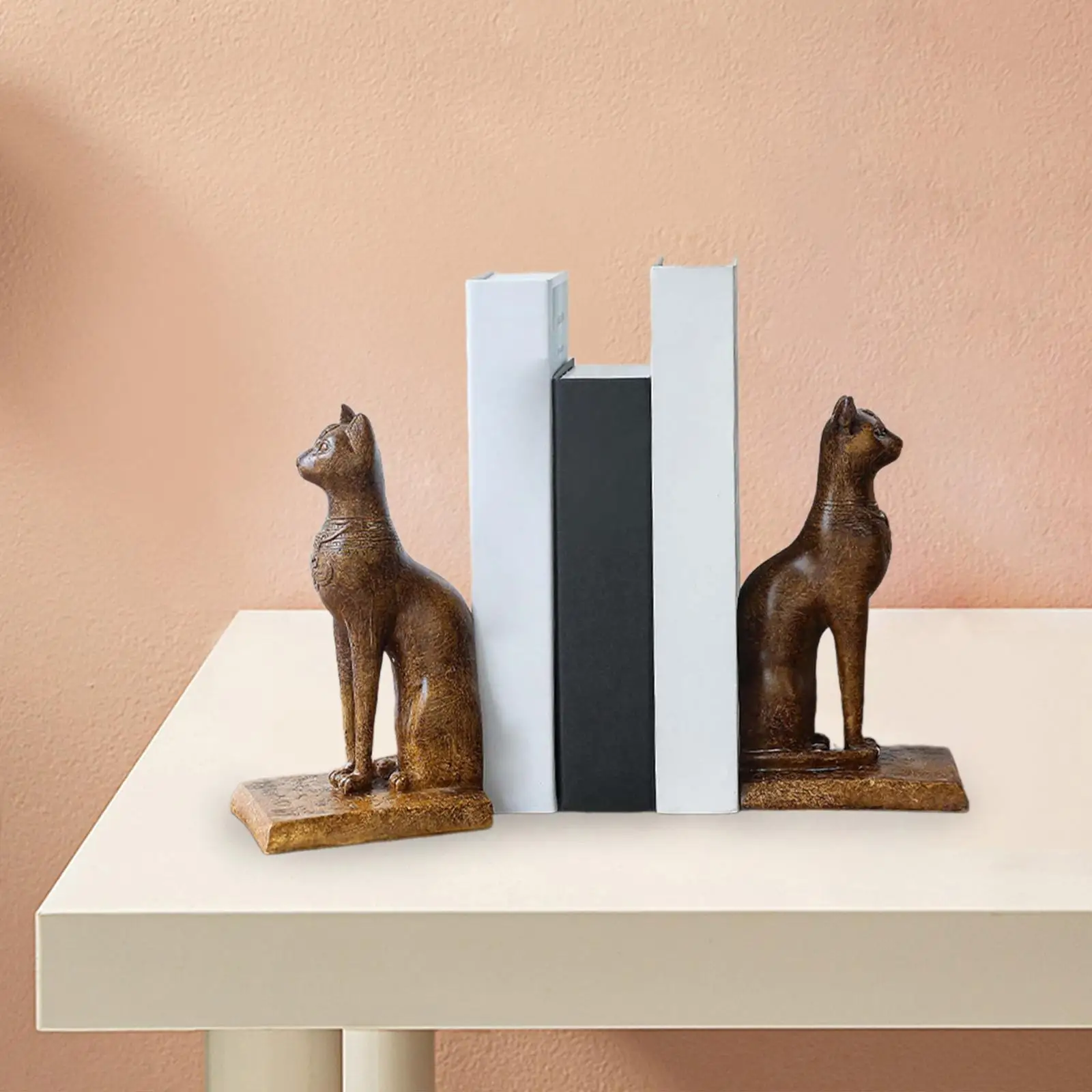 2 Pieces Egyptian Cat Statues Bookends Creative Book Supports Decorative Figurines for Desk Living Room Office Bar Home Decor