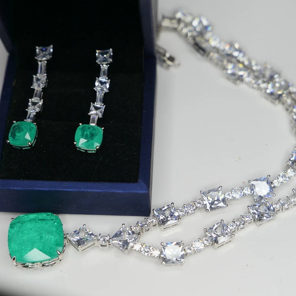 Emerald cut Create Paraiba Tourmaline Diamond Earrings With Necklaces Tennis Chain Blue Green Stone Designer Copper Jewelry Sets