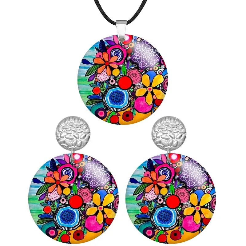 

Colorful Flowers Image Round Wooden Pendant Necklaces & Earrings For Women Stainless steel Piercing Jewelry Sets S1541