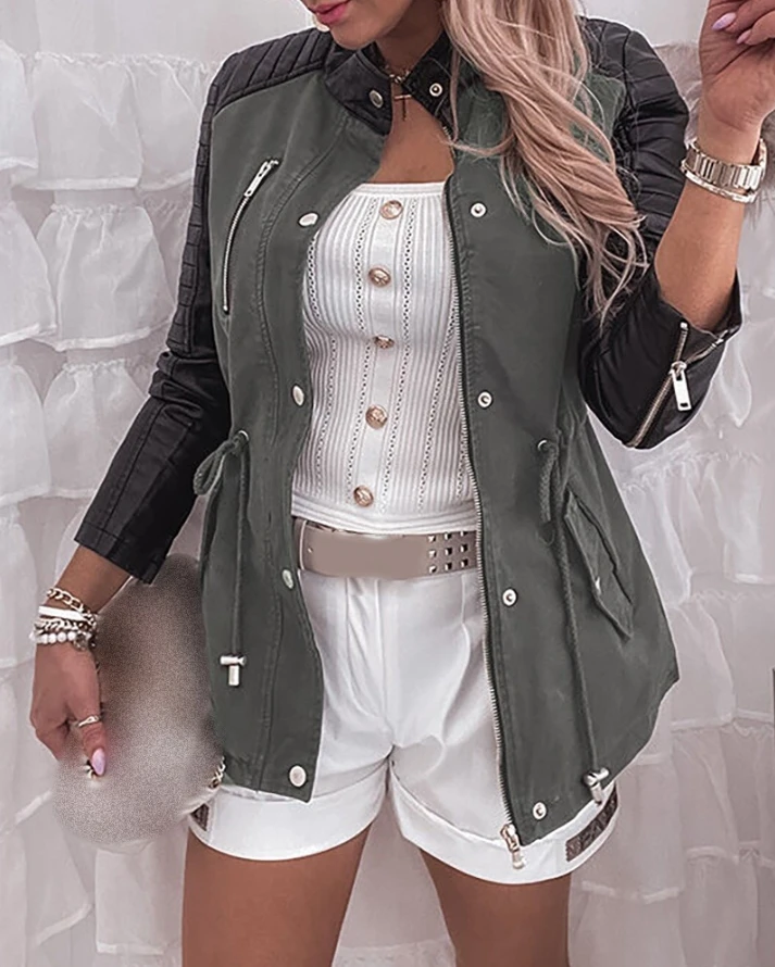 Button Zipper Design PU Leather Patch Coat Casual Long Sleeve  new ashion woman jacket 2022 autumn winter spring female clothing