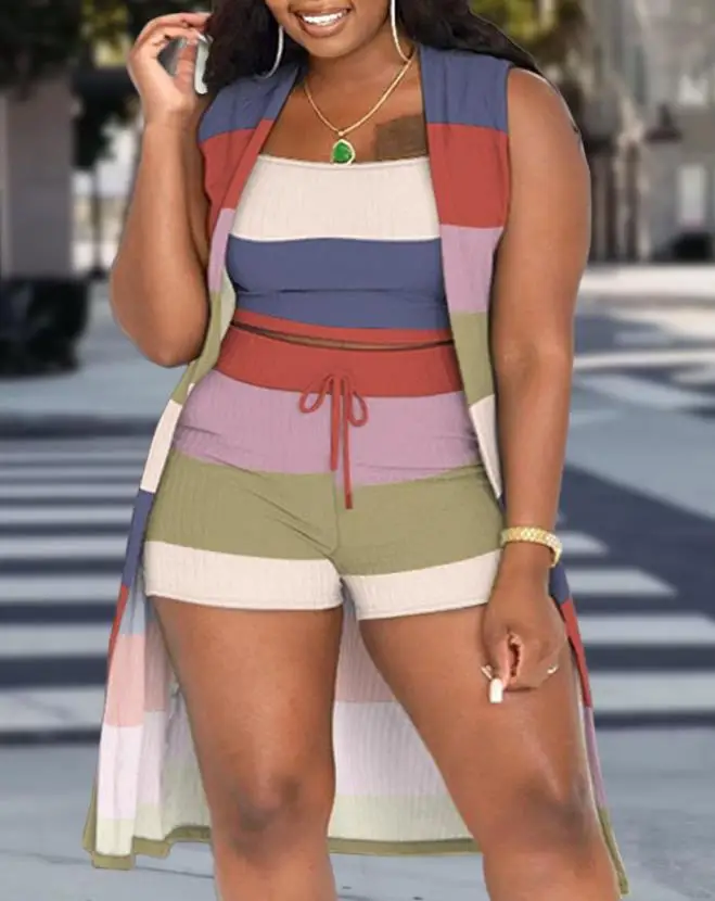 

Лидер продаж, женский новый оверсайз 3-х предметов, полосатый жилет и шорты в рубчик, в комплекте с жилетом