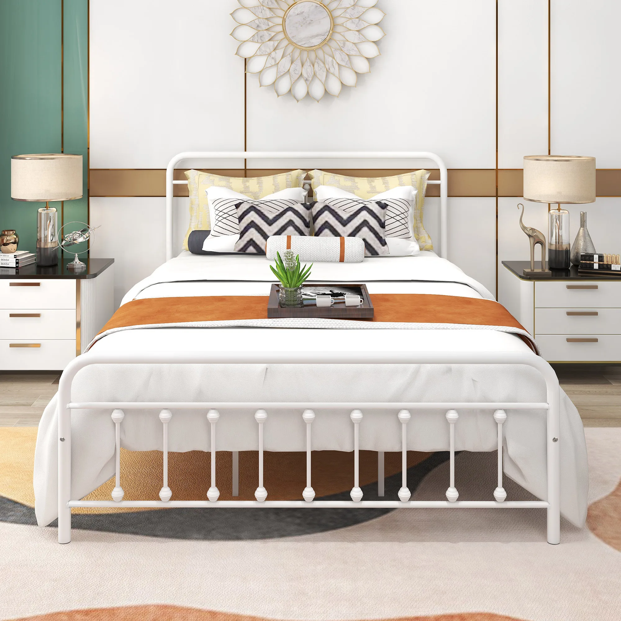 W/headboard&footboard Platform/wrought Iron/heavy Duty/solid Sturdy Slat Black/white[us-stock]