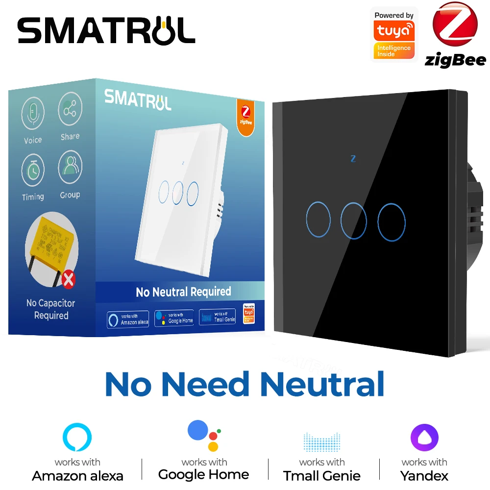 

Tuya Eu Zigbee Smart Touch Switch Light No Neutral Wire 1/2/3 Gang Wall On Off Magnetic Latching Relay For Alexa Google Home