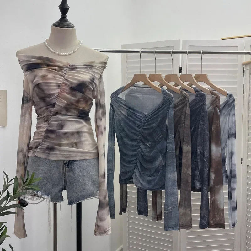 Женский сетчатый топ на одно плечо с принтом необычная плиссированная