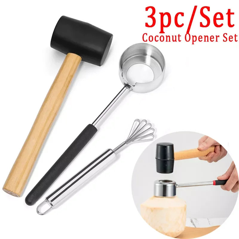 

2022New Opener Tool Set Food Grade 304 Stainless Steel Opener Coconut Meat Tool Wooden Handle Rubber Hammer Easy To Use Durable