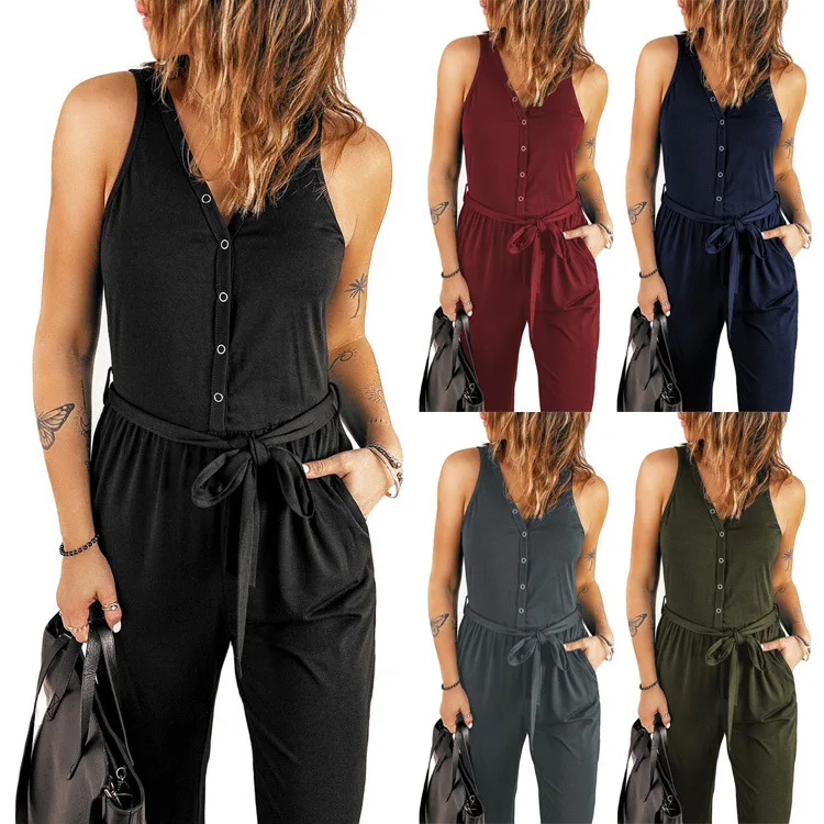 

2022 Summer Spring Sleeveless Jumpsuit Solid Color V-neck Waist Controlled Sashes Lace-up Casual Ankle Banded Pants Overalls