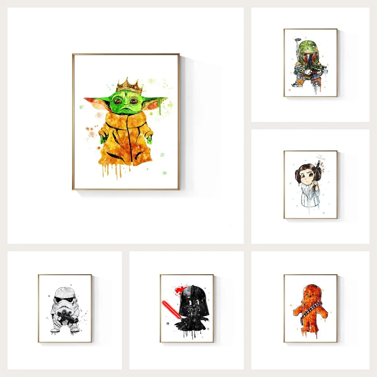 Живопись на холсте Звездные войны Акварельная печать плаката Дарт Вейдер Порг Чубакка Принцесса Лея Йода Боба Фетт Детская комната Домашний декор.
