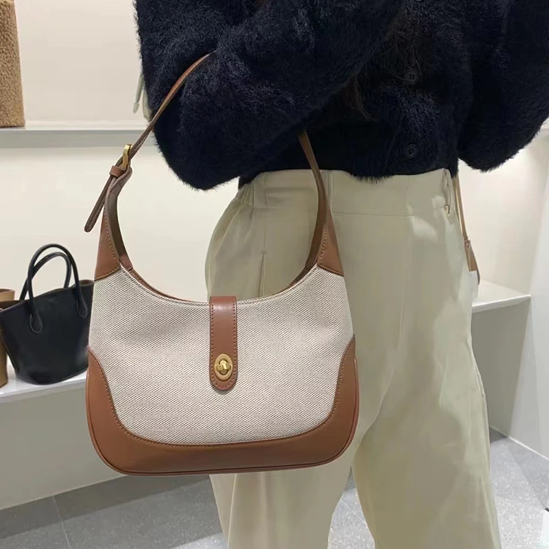 French Elegant Ladies Hobo HandBag Summer Women Pu +canvas Stitching Underarm Bag Fashion Armpit Bag for Female 2022 New