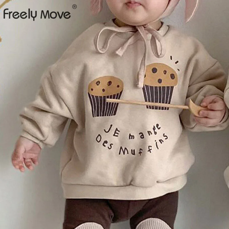 

Freely Move Children Sweatershirt Boy's Pullover Autumn Cake Letter Printed Long Sleeve Girl's Sweater Cotton Casual Tops