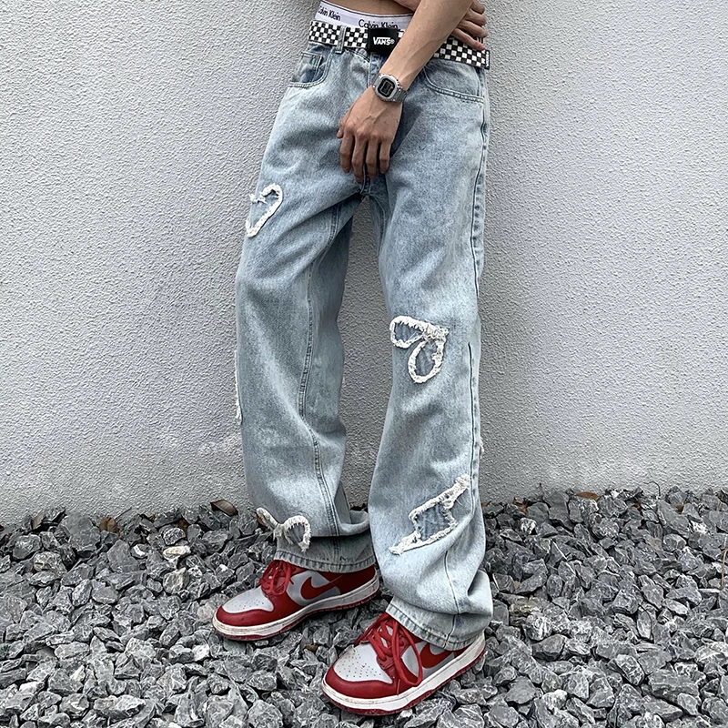 INS American High Street Love Embroidery Retro Vibe Fringed Jeans For Men And Women Straight Oversize Casual Loose Hip-hop Jeans