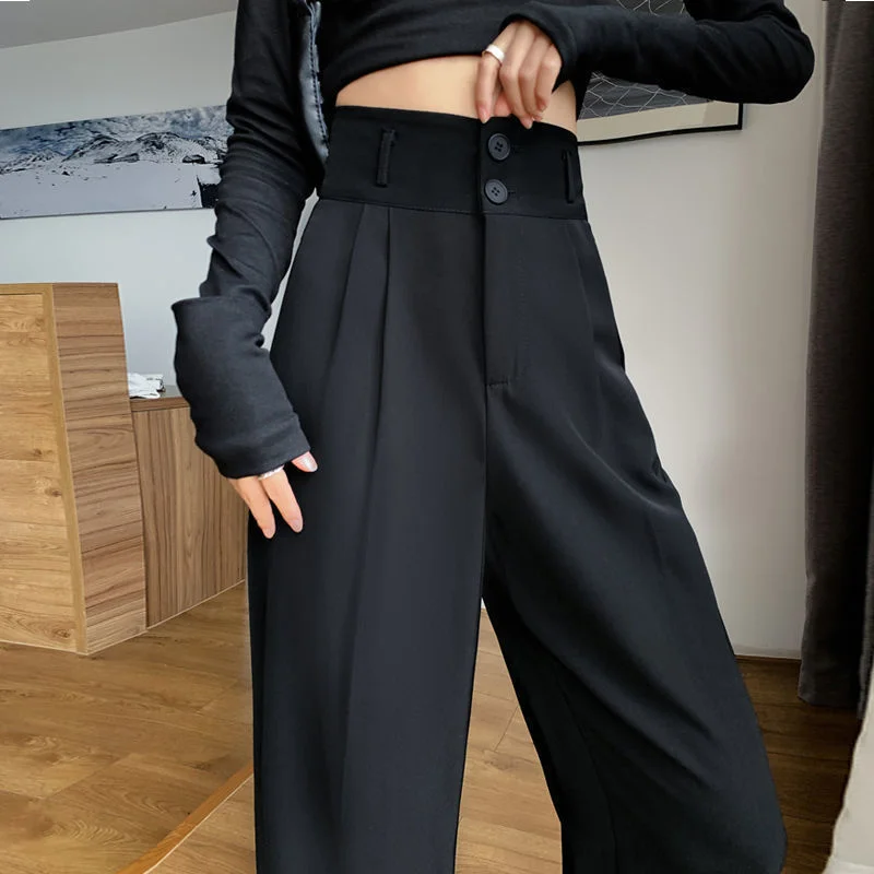 Pantalon de costume noir pour femmes  pantalon coréen à 2 boutons à jambes larges  Streetwear