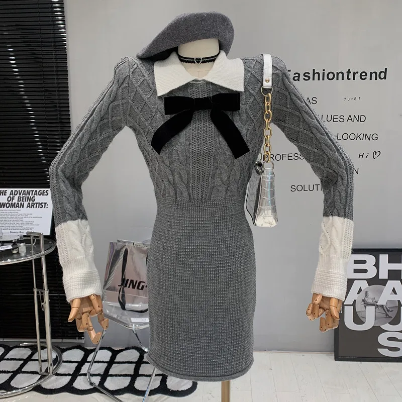 

New in Women's Clothing 2022 Winter Color contrast Knitted Sweater Dress Long sleeve bow Hip Wrap Dress