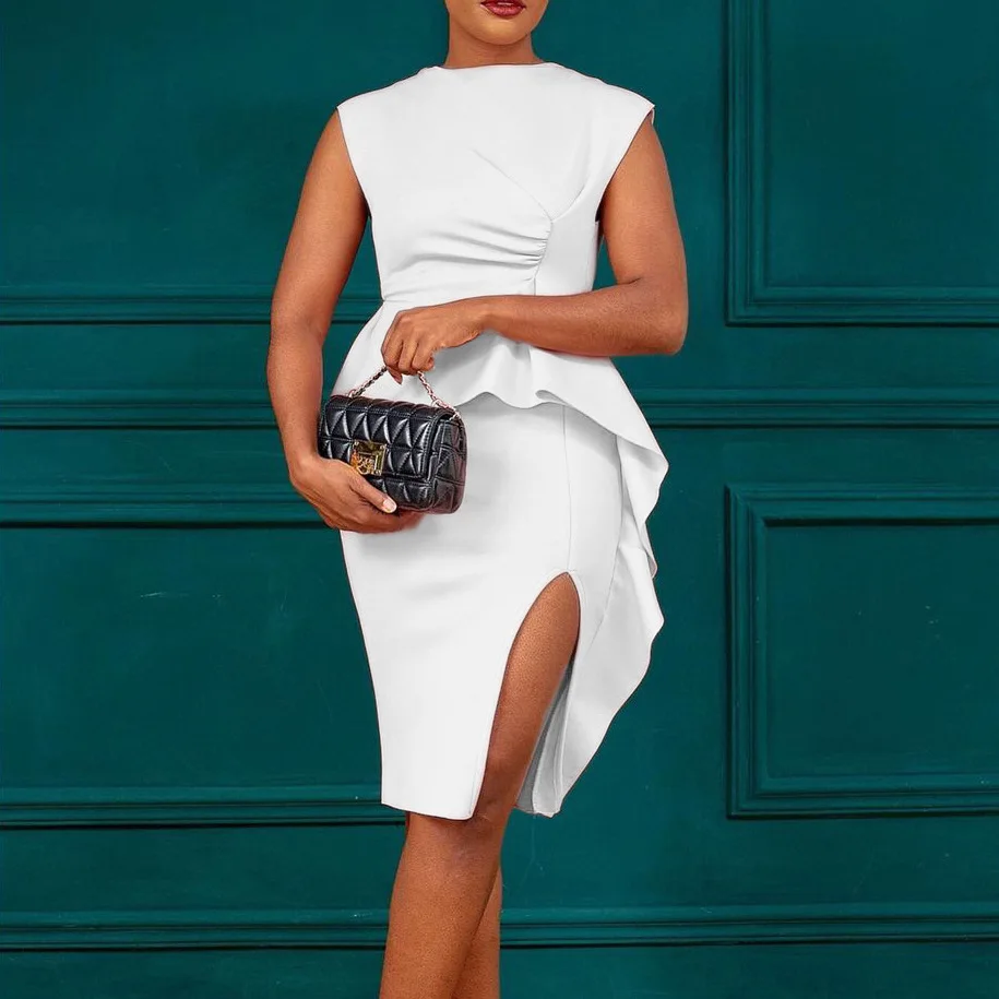 

Sexy Slit Pleated Dress Women's Fashion Sleeveless O Neck Ruffles Bodycon Summer Solid Party Evening Dresses Female Vestido
