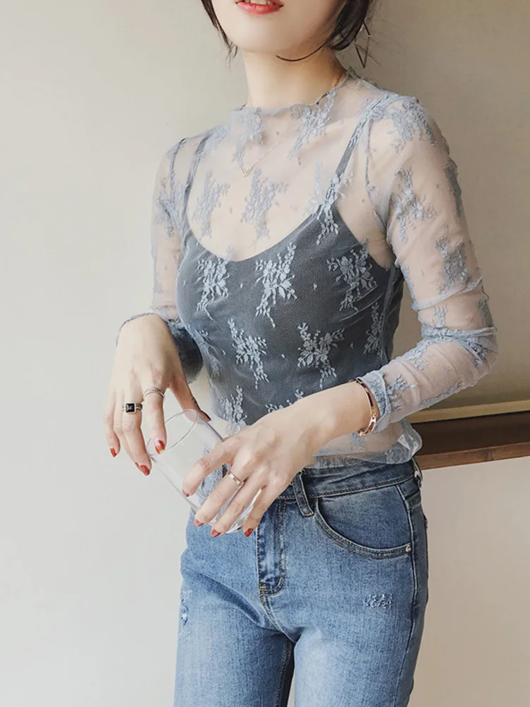 

Summer Women Lace Floral Embroidery Blouses Shirt Ladies tops Sexy mesh Blouses Transparent Elegant See-through Black Shirt