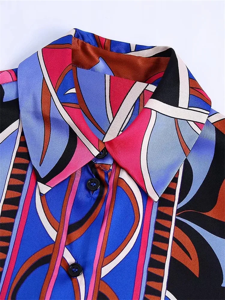 TRAF 2022 Print Button Up Shirt Women Vintage Long Sleeve Top Female Streetwear Collared Shirt Woman Summer Elegant Blouses