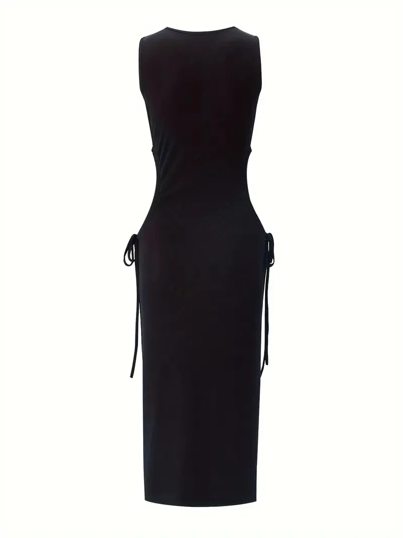 Женское платье без рукавов с круглым вырезом и разрезом на талии