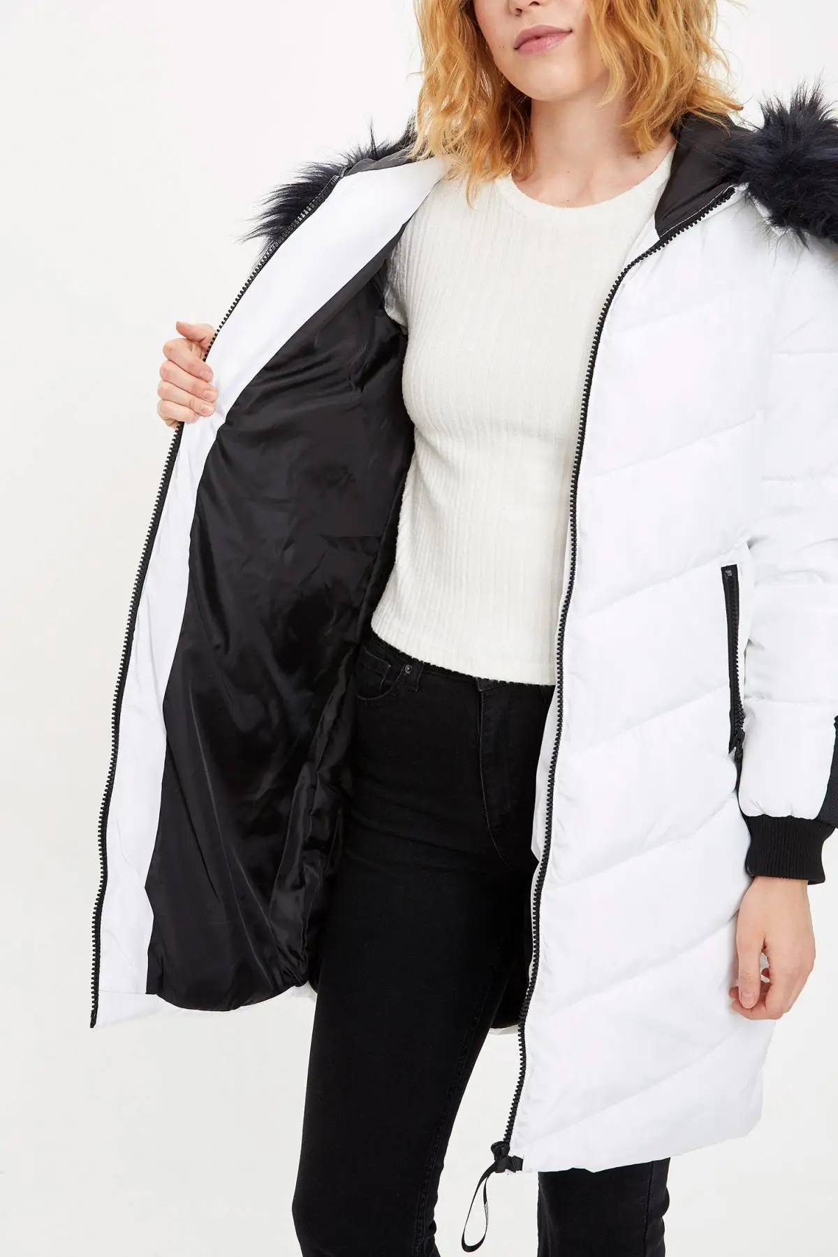 Women's Hooded White - Black Parka Casual Stylish Fashion Women's Clothing Outdoor Winter Wear Female White Parkas Down Parkas