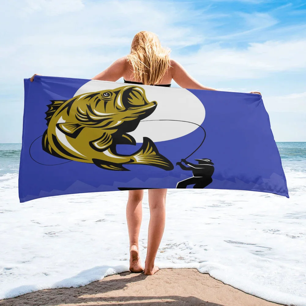 

Largemouth Bass Fisherman Fishing Rod Beach Towel Microfiber Quick Dry Bathroom Towel Travel Camping Picnic Mat Women Men Gift