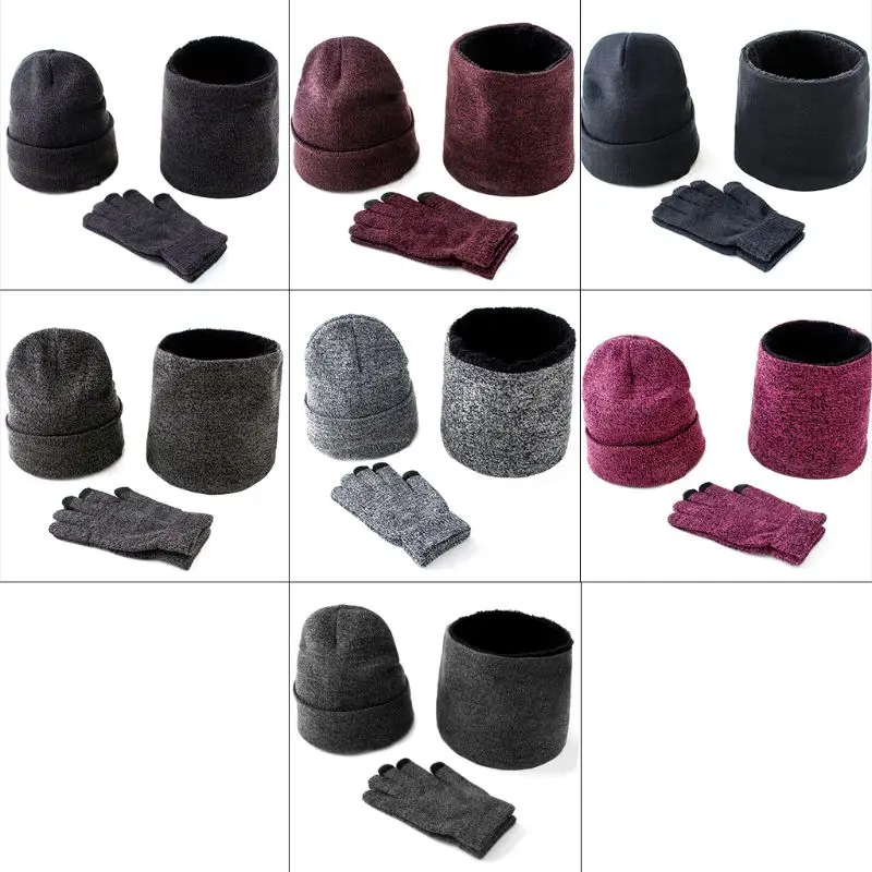 

Mens Womens 3Pcs Knitted Cuffed Beanie Hat Scarf for TOUCH SCREEN Gloves Set Thicken Plush Cap Collar Neck Warmer Drop Shipping