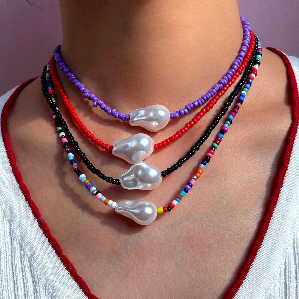 

Boho Irregular Pearl Chokers Rainbow Color Seed Beads Chain Strand Necklaces for Women Handmade Beaded Necklace Fashion Jewelry