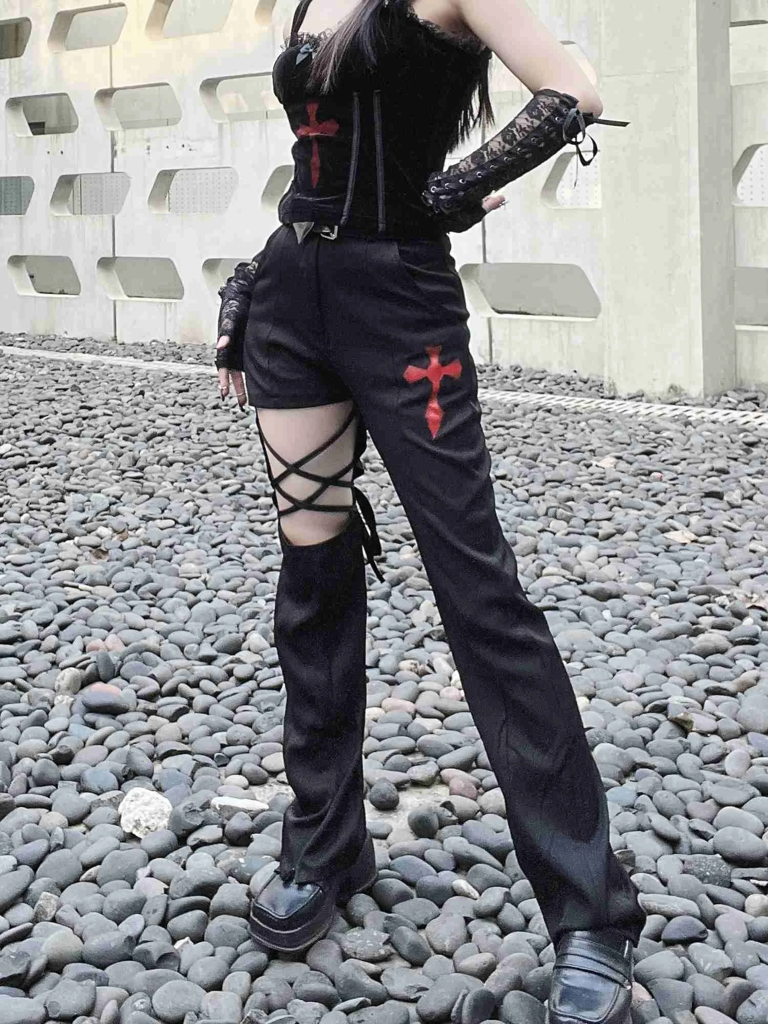 

Miub Black Casual Pants Women Hollow Out Punk Strap High Waist Slim Pants Design Sense Small Straight Pants Women