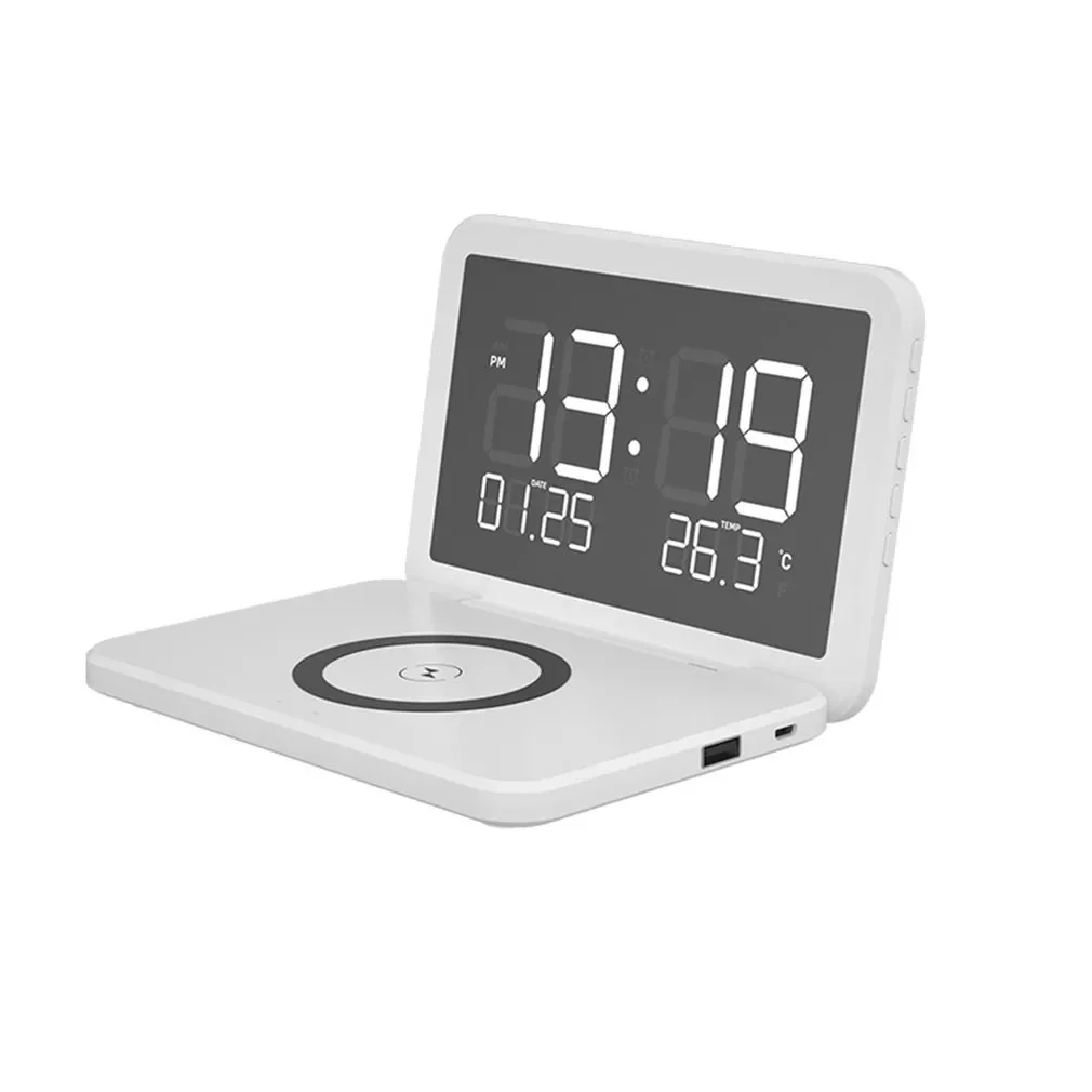 

Fast Wireless Charger Foldable Mirror Digital LED Alarm Clock Phone Wireless Charging Stand Perpetual Calendars Thermometer