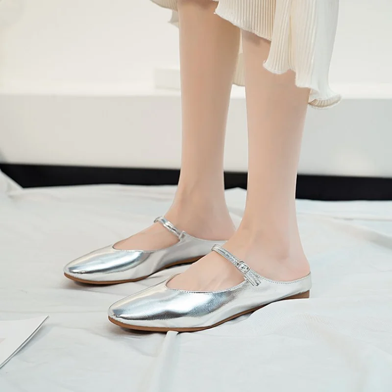 

Spring Square Toe Ballet Shoes Fashion Low Heel Mary Jane Shoes Casaul Silver Shallow Buckle Soft Sole Shoes 35-43