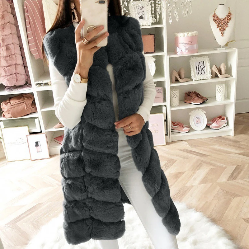 Faux Fur Coat Winter Women 2022 Fashion Causal Warm Slim Sleeveless Long Faux Fox Fur Vest Winter Furry Waistcoat Jacket