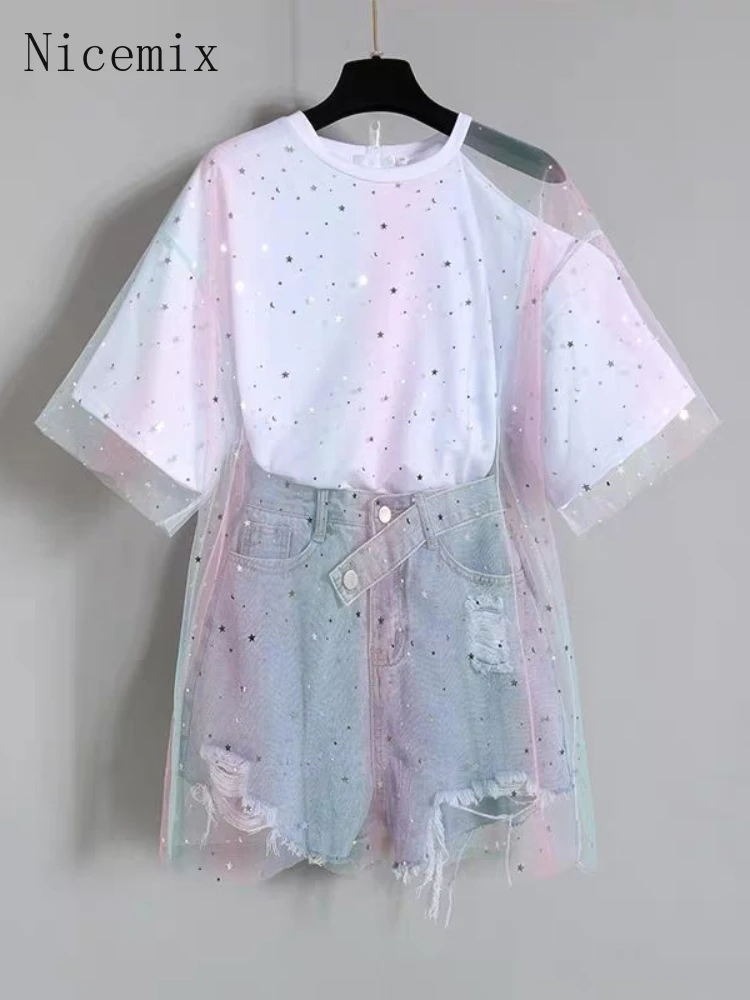 

Nicemix Shirt Shorts Two-piece Suit Summer 2022 Fashion Girly All-match Mesh Short-sleeved T-shirt Top + Denim Shorts for Women