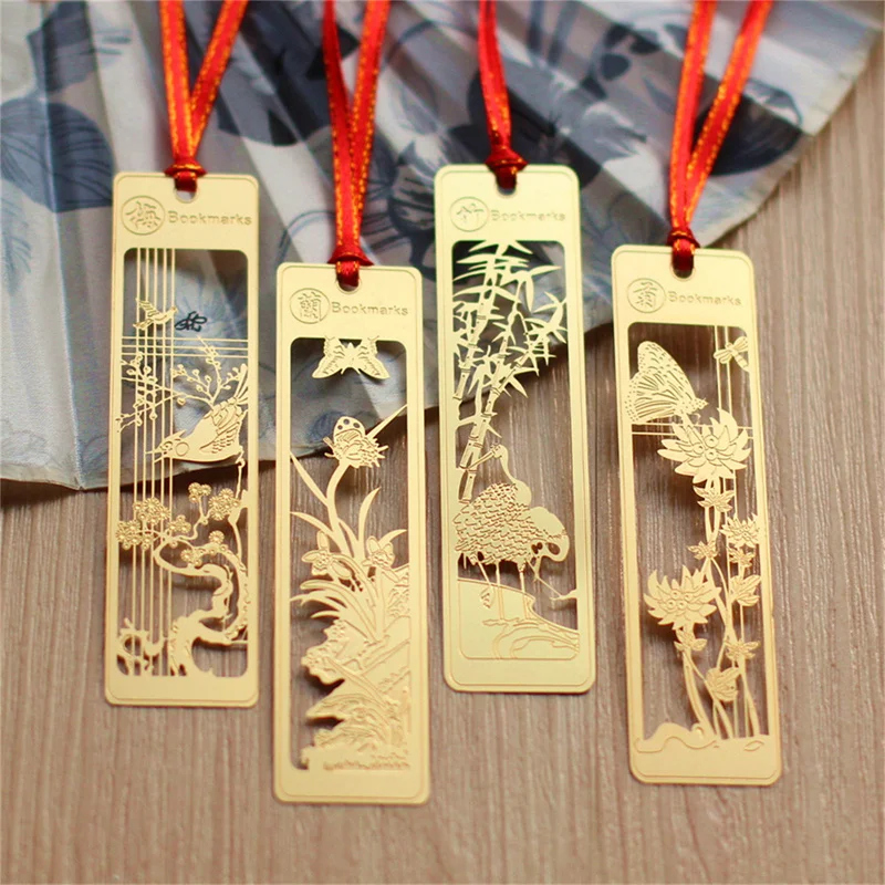 

9.2*2.3cm Creative Gold Metal Bookmarks Plum Blossoms Orchid Bamboo Vintage Butterfly Book Marks Gifts For Teachers Acessories
