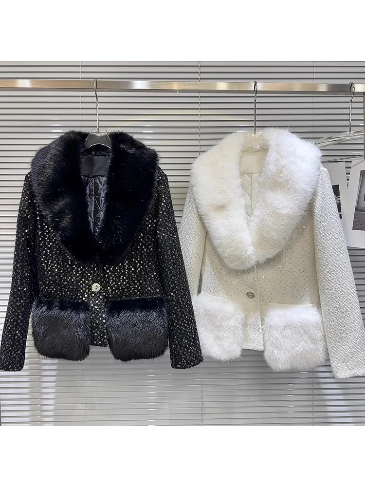 

Женская твидовая стеганая куртка с воротником из искусственного меха и блестками