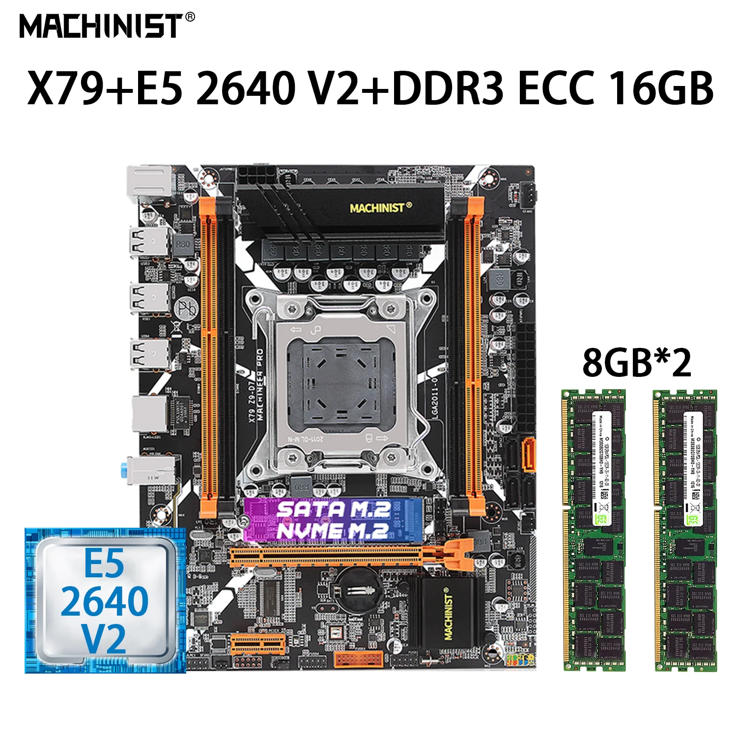 

MACHINIST X79 Motherboard Set LGA 2011 With Kit Xeon E5 2640 V2 CPU Processor DDR3 ECC RAM 16GB=2*8GB Memory NVME M.2 X79 Z9 D7