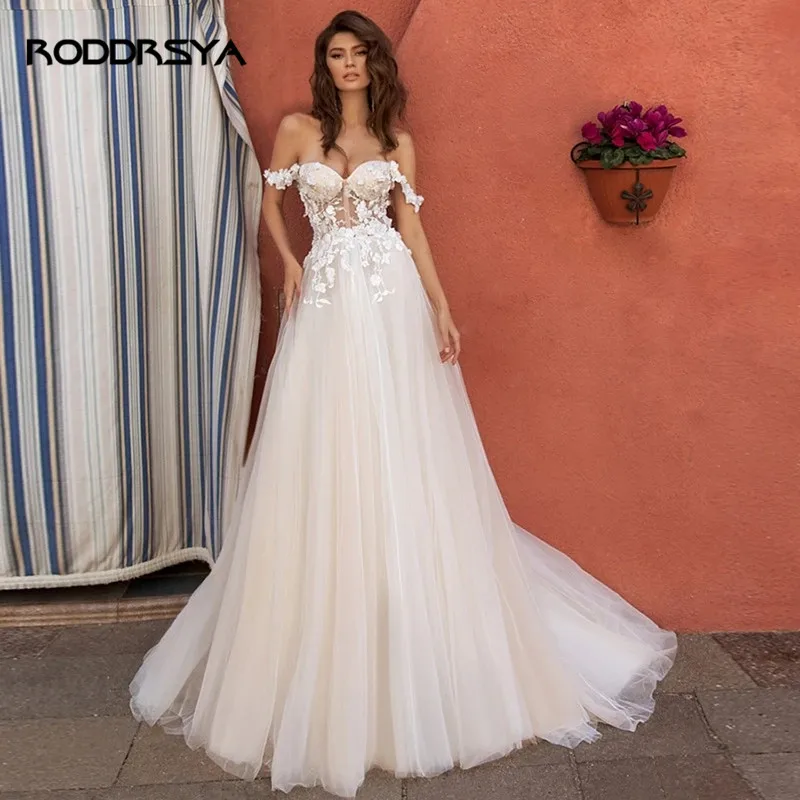 

RODDRSYA Off the Shoulder Wedding Dress 2022 Tulle Boho A-line Sweetheart Bridal Gown Lace Appliques Pearls Abito Da Sposa