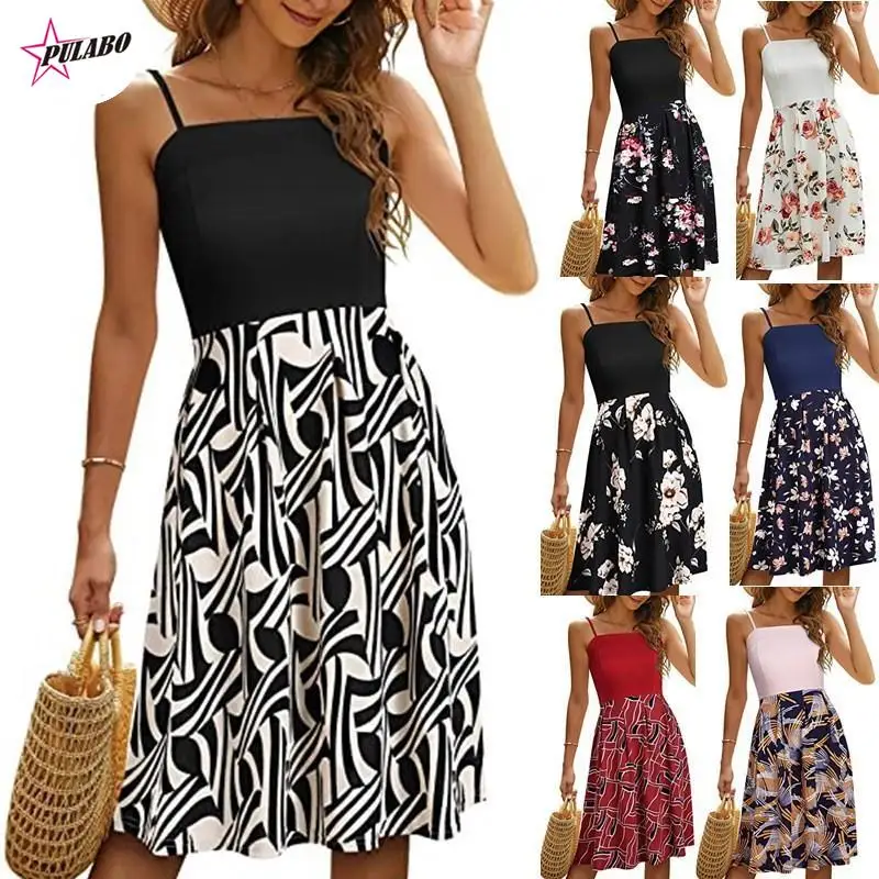 

Винтажное платье миди, женские летние платья на бретелях-спагетти, модное платье с цветочным принтом, вышивкой, средней талией, на бретелях, ...