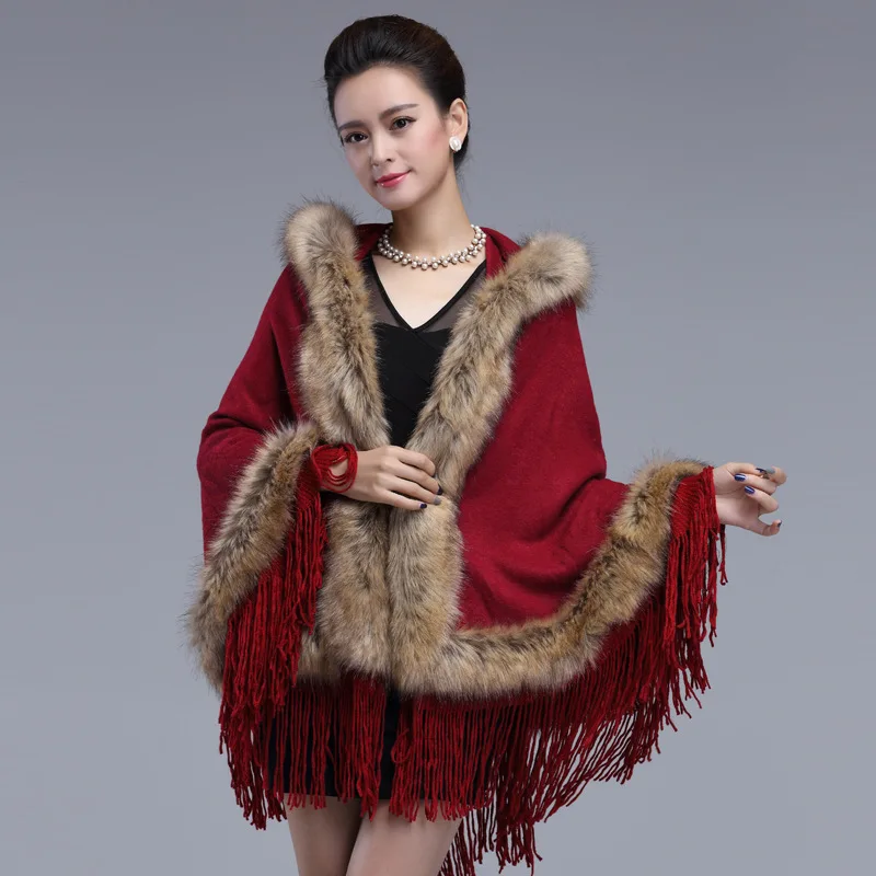 

C2093 Autumn Winter Woman Cloak Pashmina Faux Fur Jacquard Hooded Cape Tassel Poncho Cardigans Knitwear Shawl Wraps Sweater Coat