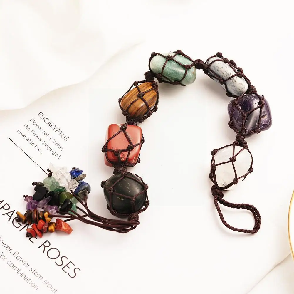 

Natural Seven Chakra Original Crushed Stone Irregular Decor Tassel Pendant Ornament Reiki Energy Window Stone Seven Color G G3c5