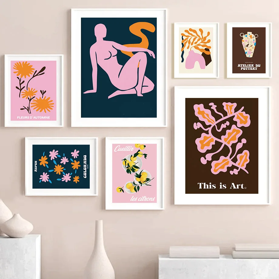 Абстрактная линия девушка тело цветок лист лимон настенная Картина на холсте