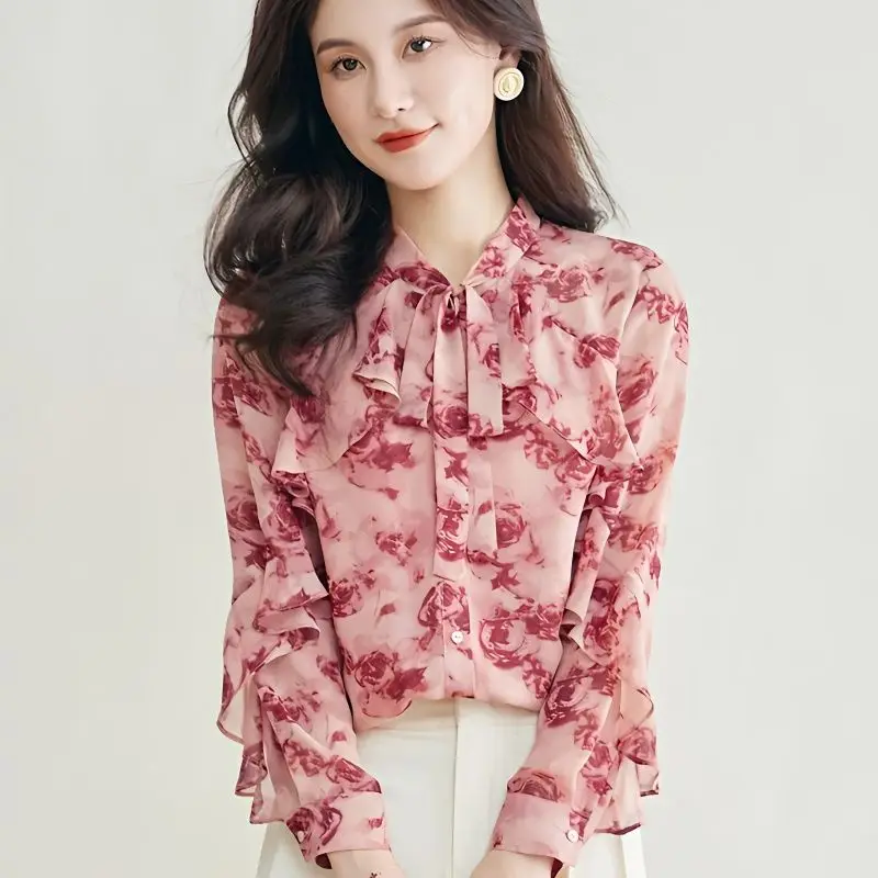 

2023 Spring Fashion New Bow Standing Neck Long Sleeve Printed Chiffon Shirt Women's Top Fashion Shirt