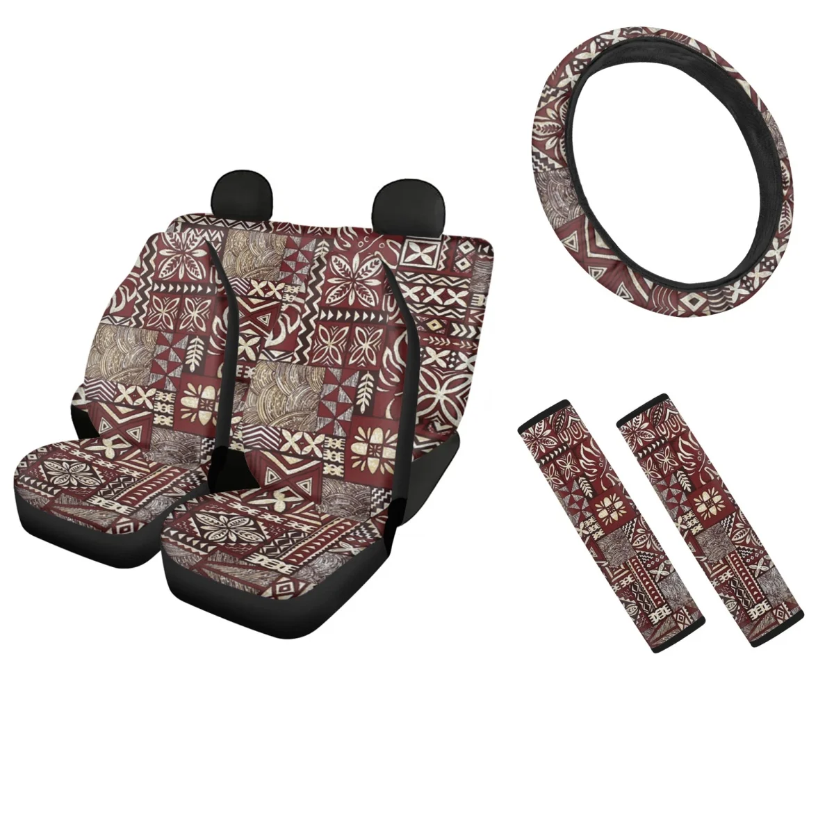 

General Front and Rear Seat Cover Tribal Totem Design Full Set Vehicle Seat Protector Seat Belt Sets Covers Steering Wheel Cover