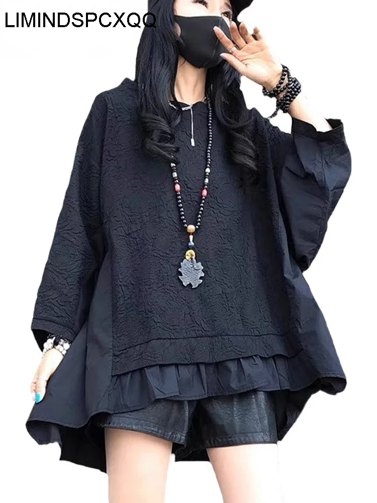 

LIMINDSPCXQQ Fashion Womens O-Neck Design Black Punk T-shirts Spring European Style Patchwork Gothic Loose Tops Casual Clothes